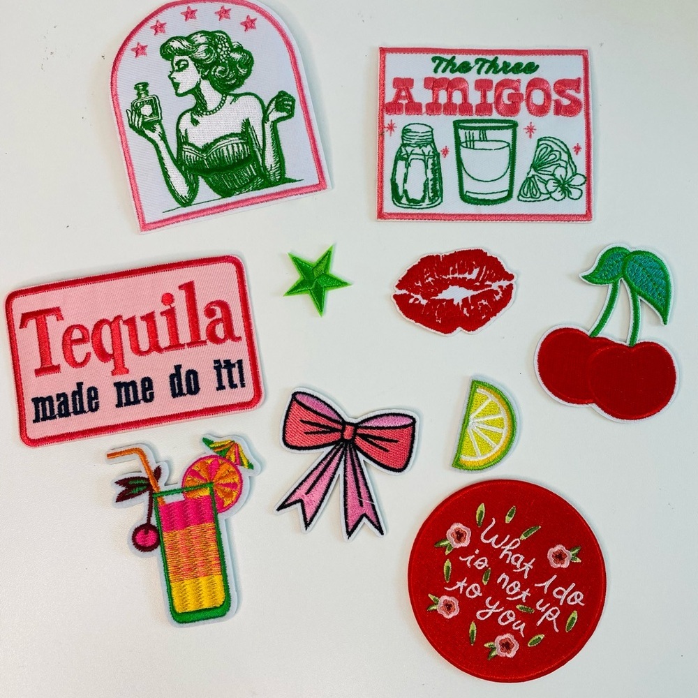 Lot of 10 funny embroidered iron on patches, tequila lover, cherry, lips, DIY